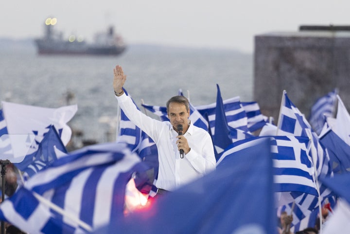 Kyriakos Mitsotakis, the party leader of New Democracy, holds a pre-election rally in Thessaloniki, Greece.