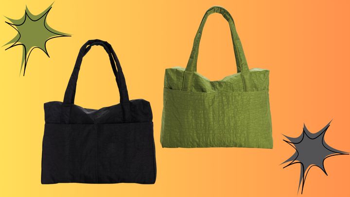 The Baggu Cloud carry-on bag in black and green.