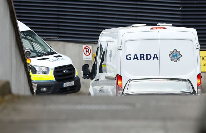 An Irish prison service van arrives at Dublin's Criminal Courts of Justice carrying Ronan Hughes, a 40-year-old from County Armagh in Northern Ireland, who was arrested on Monday in connection with the deaths of 39 Vietnamese nationals who were found in a lorry trailer in Essex, south-east England, in October 2019. Dublin, Republic of Ireland, April 21, 2020 REUTERS/Jason Cairnduff
