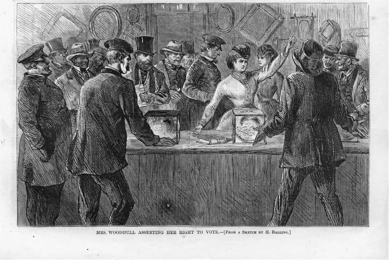 Victoria Woodhull, the first female candidate for president, with her arm raised after breaking into a polling station and demanding to be allowed to vote. She would later be targeted by Comstock.