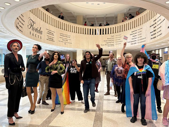 Demonstrators protest outside the Florida House chambers against bills the chamber passed on gender-transition treatments, bathroom use and keeping children out of drag shows in April.