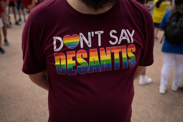 LAKE BUENA VISTA, FL - JUNE 3: A "Don't Say DeSantis" t-shirt at Disney World's Magic Kingdom on Saturday, June 3, 2023 in Lake Buena Vista, Fla. "Gay Days" at Disney began three decades ago and is one of the nation's largest Pride Month events. (Photo by Thomas Simonetti for The Washington Post via Getty Images)