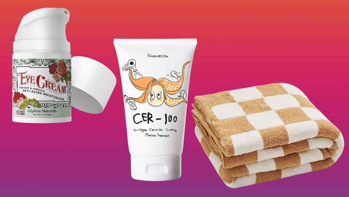 A de-puffing eye cream, a collagen protein hair treatment and a microfiber throw blanket.
