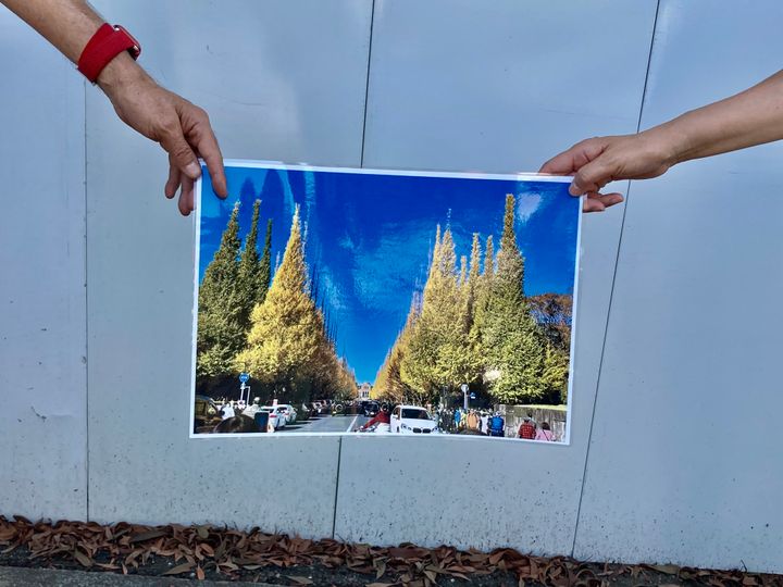 自ら撮影した神宮外苑のいちょう並木の写真を掲げた参加者