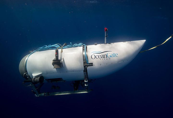 The Titan tourist submersible, which is operated by OceanGate Expeditions, is seen during a descent. The vessel's elongated hull was a unique design for such deep-sea treks, which raised concern prior to last week's dive.