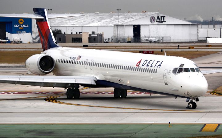A 2018 file photo shows a Delta Airlines McDonnell Douglas MD-90 passenger jet taxiing after landing at San Antonio International Airport in Texas.