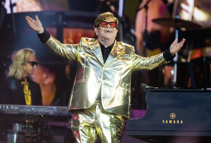 Sir Elton John performing on Glastonbury's iconic Pyramid Stage