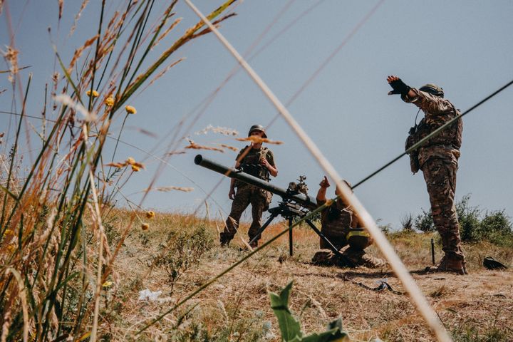 Ukrainian soldiers from the 80th Air Assault Brigade training green tactics, clearing trenches using armoured personnel carriers, recoilless guns, and grenade launchers in the training area in Donetsk Oblast.