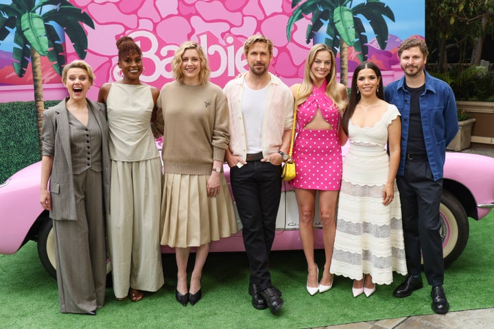 (L-R) Kate McKinnon, Issa Rae, Greta Gerwig, Ryan Gosling, Margot Robbie, America Ferrera and Michael Cera 