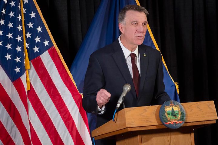 Vermont Gov. Phil Scott, pictured here delivering his State of the State address remotely from the Pavilion office building, on Jan. 5, 2022, allowed a universal school lunch bill to become law without his signature, despite concerns it might cause a rise in property taxes.