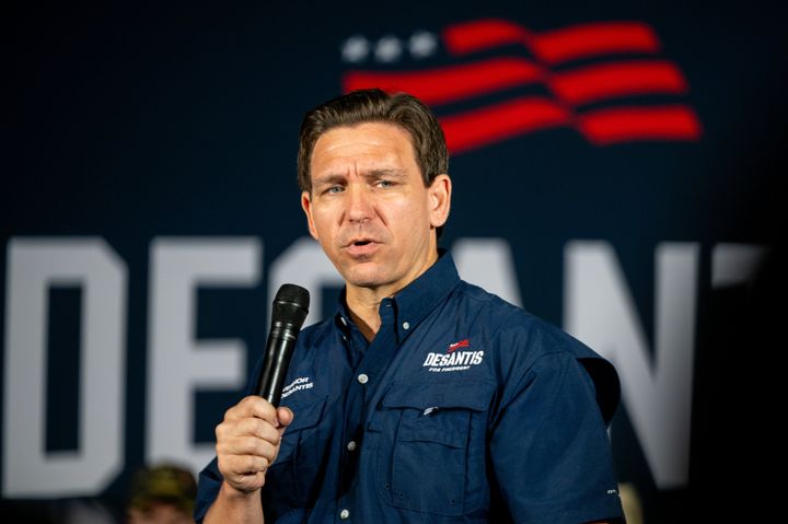 EAGLE PASS, TEXAS - JUNE 26: Republican presidential candidate, Florida Gov. Ron DeSantis speaks during a campaign rally on June 26, 2023 in Eagle Pass, Texas. Gov. DeSantis engaged residents and voters while speaking about border security issues at the event. (Photo by Brandon Bell/Getty Images)