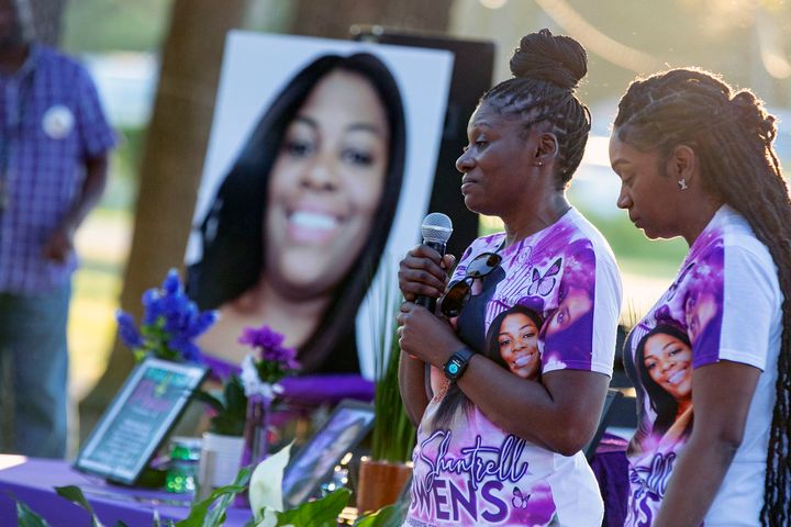Pamela Dias, second from right, remembers her daughter, Ajike Owens, as mourners gather June 8 at Immerse Church of Ocala in Florida. Susan Louise Lorincz, the woman accused of firing through her door and killing Owens in front of her 9-year-old son was charged Monday with manslaughter and assault.