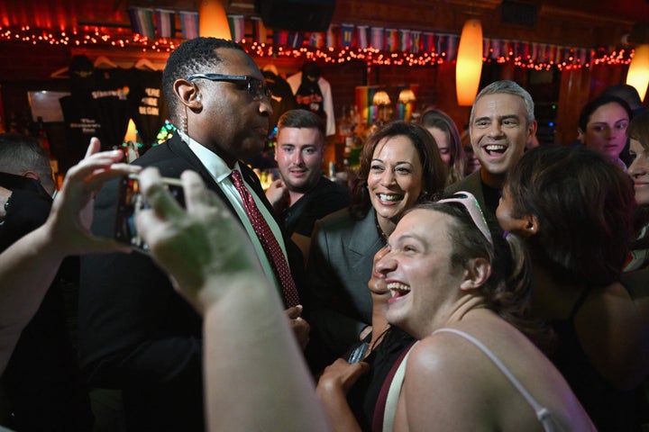 Vice President Kamala Harris (center) and Andy Cohen (at right) greet patrons during a visit to the Stonewall Inn in Manhattan.