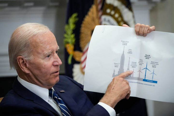 President Joe Biden points to a wind turbine size comparison chart during a meeting about the Federal-State Offshore Wind Implementation Partnership in the Roosevelt Room of the White House on June 23, 2022, in Washington, D.C.
