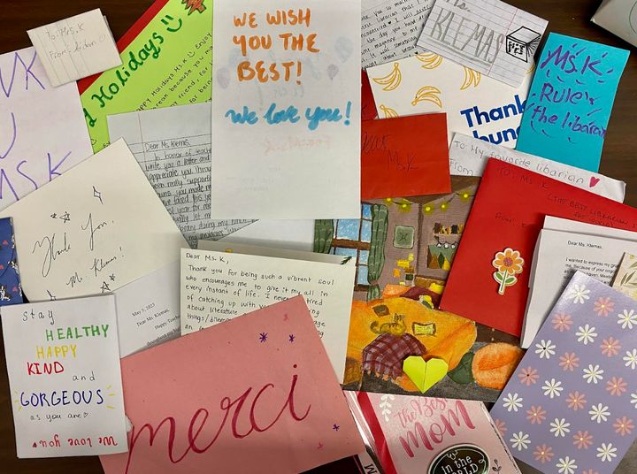"This is a pile of thank you notes, letters and art I received from students in June 2023," the author writes.