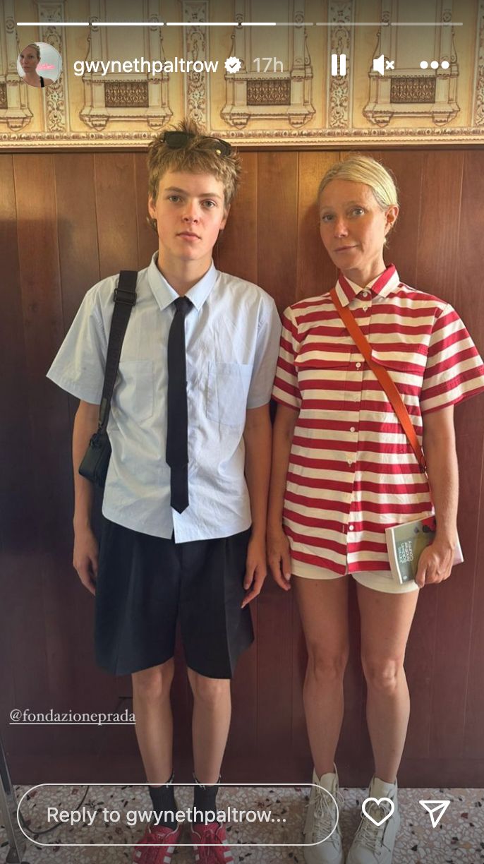 Gwyneth Paltrow and her son, Moses, pose for a rare photo together at Bar Luce at Fondazione Prada in Milan.