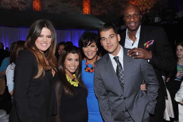 From left: Khloe and Kourtney Kardashian, Kris Jenner, Rob Kardashian and Lamar Odom attend E! 2012 Upfront in New York on April 30, 2012.