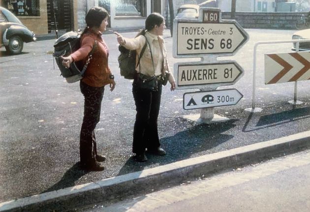 The author's mother, Pam (right), hitchhikes with a college friend in Europe in the early '70s.