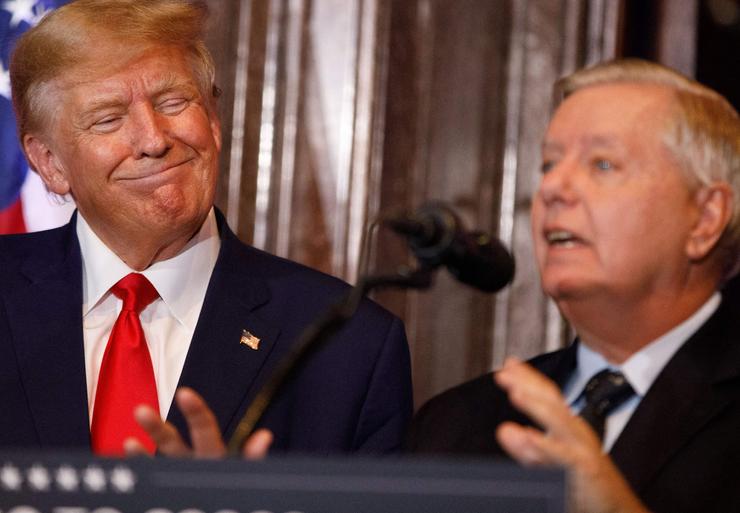 Former President Donald Trump is joined by Sen. Lindsey Graham (R-S.C.) on Jan. 28 at a presidential campaign event in Columbia, South Carolina. The Republican Party is relying on fearmongering to gain political advantage.