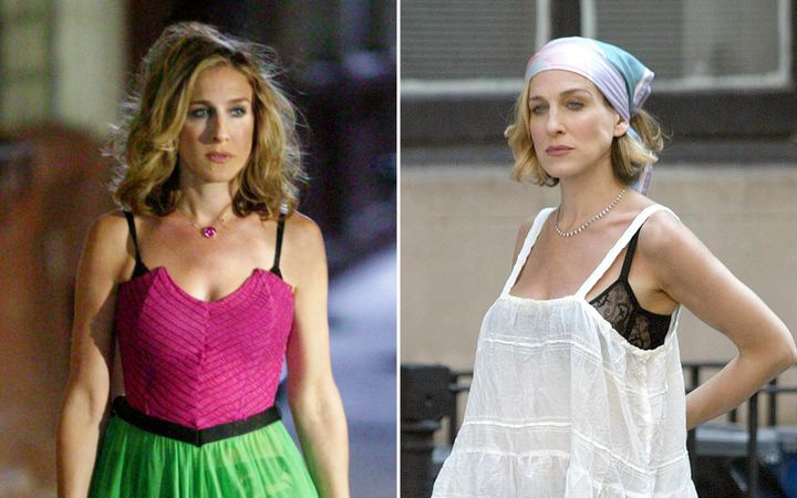 Left: Sarah Jessica Parker as Carrie Bradshaw in Season 6 of "Sex and the City." Right: Parker on location for "Sex and the City" in 2002.