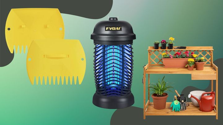 A pair of leaf grabbing tools, an electric bug zapper and an outdoor potting bench. 