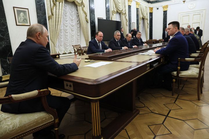 TOPSHOT - Russian President Vladimir Putin meets with the country's top security officials, including Defence Minister Sergei Shoigu (3L), in Moscow on June 26, 2023. Russian President Vladimir Putin said on June 26, 2023 that any attempt to blackmail Russia or foment unrest would fail, after an armed rebellion shook his more than two decades of rule. (Photo by Gavriil GRIGOROV / SPUTNIK / AFP) (Photo by GAVRIIL GRIGOROV/SPUTNIK/AFP via Getty Images)