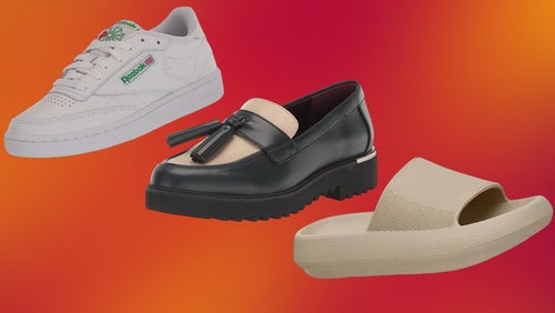 A pair of vintage Reebok sneakers, a pair of lug sole loafers and a pair of cushioned cloud slides. 