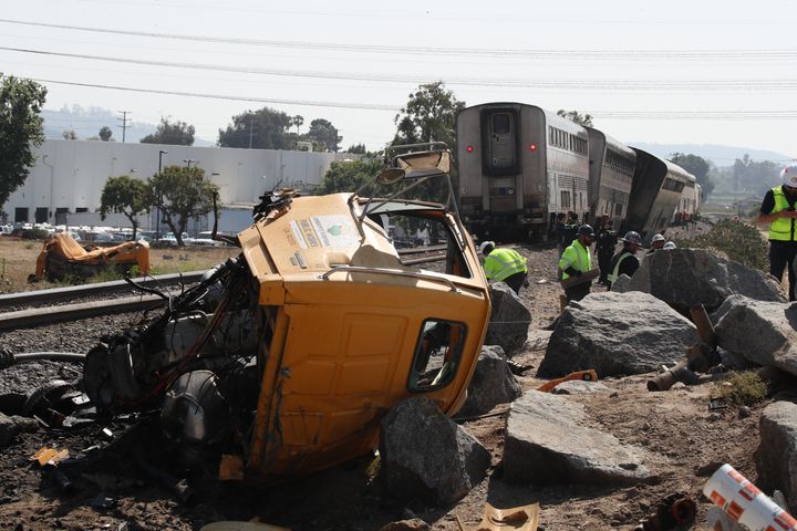 An Amtrak passenger train derailed in Moorpark, California, after colliding with a truck on June 28, 2023. 