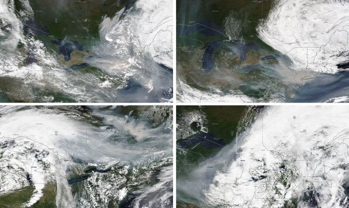 These satellite images from June 6, from top left, June 7, June 25, and June 27, 2023, show the wind movement from wildfire smoke in Quebec, Canada. Heavy smoke from wildfires in Canada has blanketed parts of the Midwest, causing hazardous air for residents, just weeks after drifting smoke did the same thing along parts of the East Coast. 