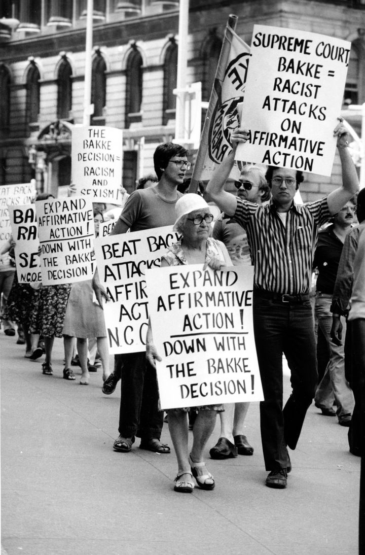 Demonstrators protest the Supreme Court's 1978 decision banning the use of racial quotas in school admissions.