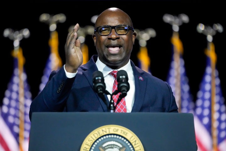 Rep. Jamaal Bowman (D-N.Y.) addresses the audience May 10 before President Joe Biden speaks at SUNY Westchester Community College in Valhalla, New York. Bowman plans to introduce legislation to eliminate legacy admissions in colleges.