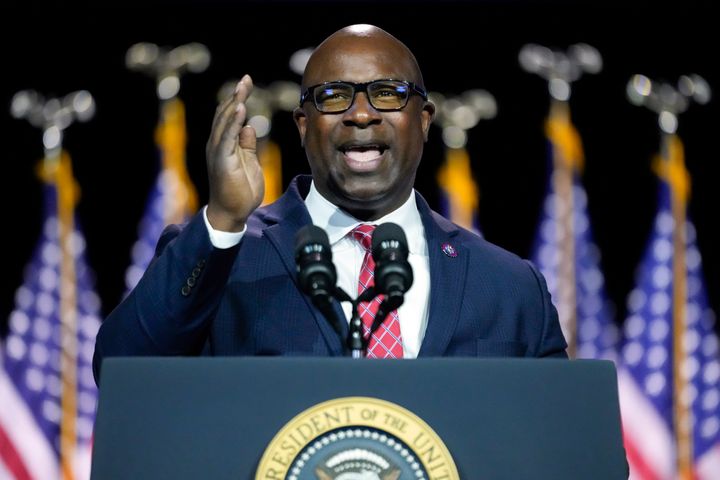 Rep. Jamaal Bowman (D-N.Y.) addresses the audience May 10 before President Joe Biden speaks at SUNY Westchester Community College in Valhalla, New York. Bowman plans to introduce legislation to eliminate legacy admissions in colleges.