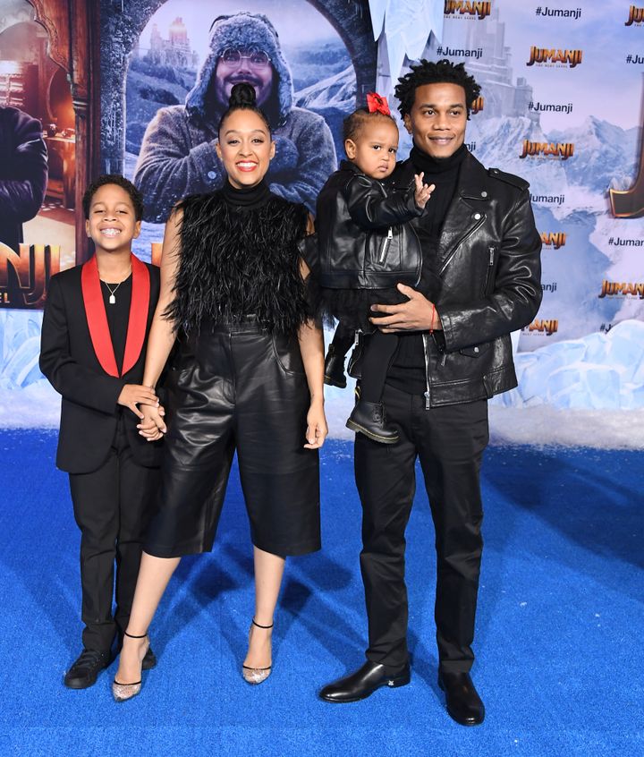 Tia Mowry and Cory Hardrict with their children, Cree and Cairo, on Dec. 9, 2019, in Hollywood.