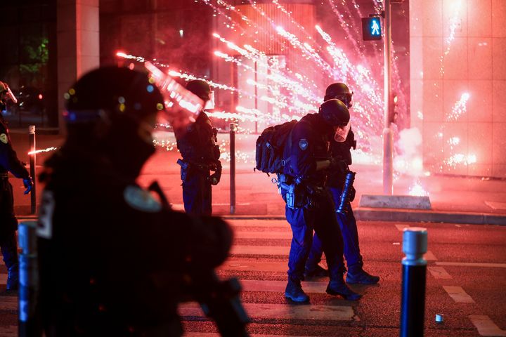 Riot police face off demonstrators on the third night of protests sparked by the fatal police shooting of a 17-year-old driver in the Paris suburb of Nanterre, France, on June 29, 2023. 