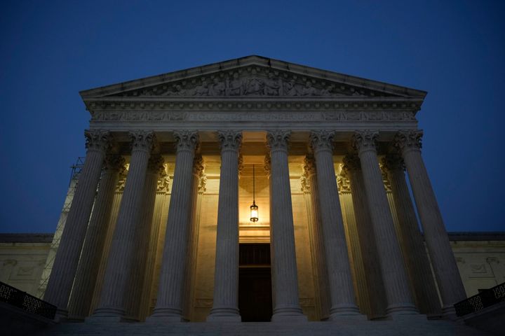 WASHINGTON, DC - JUNE 28: The U.S. Supreme Court is shown at dusk on June 28, 2023 in Washington, DC. The high court is expected to release more opinions tomorrow ahead of its summer recess, with cases involving affirmative action and student loan debt relief still to be decided. (Photo by Drew Angerer/Getty Images)