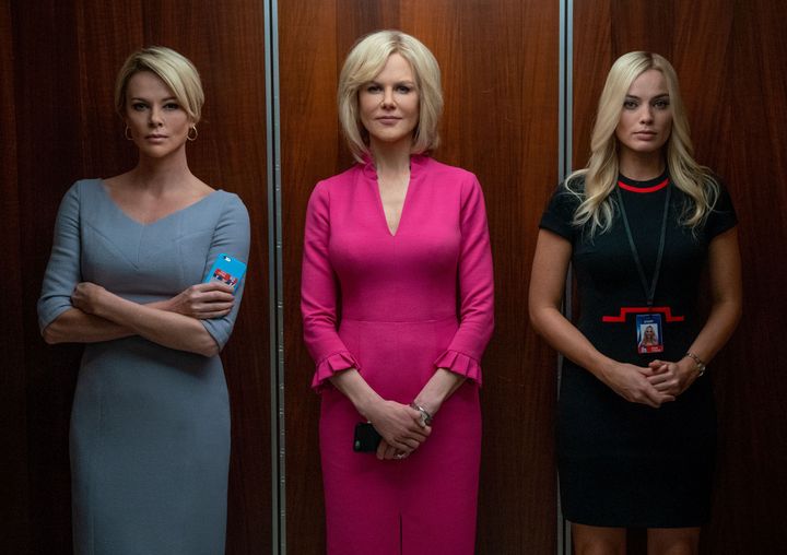 Charlize Theron as Megyn Kelly, Nicole Kidman as Gretchen Carlson and Margot Robbie as Kayla Pospisil in Bombshell