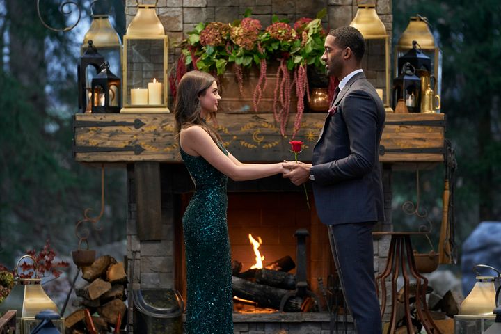 Rachael Kirkconnell (left) and Matt James (right), the first Black Bachelor, are seen together at the final rose ceremony, amid a season filled with racial turmoil.