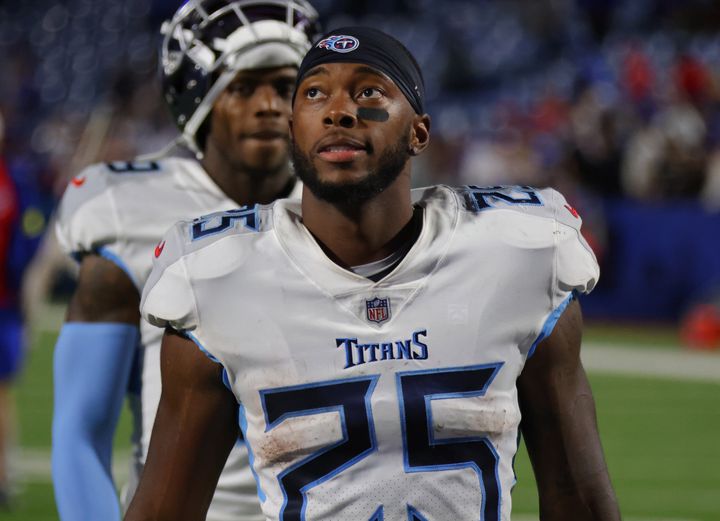 Hassan Haskins of the Tennessee Titans after a 2022 game against the Buffalo Bills.