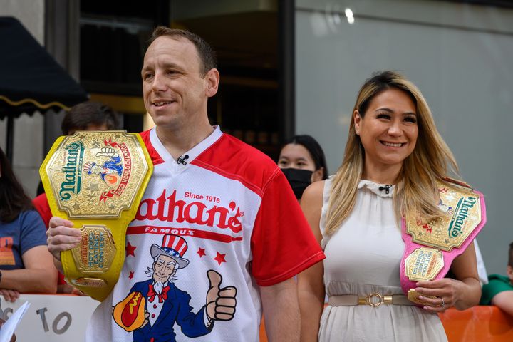 Miki Sudo, pictured with No. 1 men's eater Joey Chestnut, on the "Today" show on July 5, 2022.