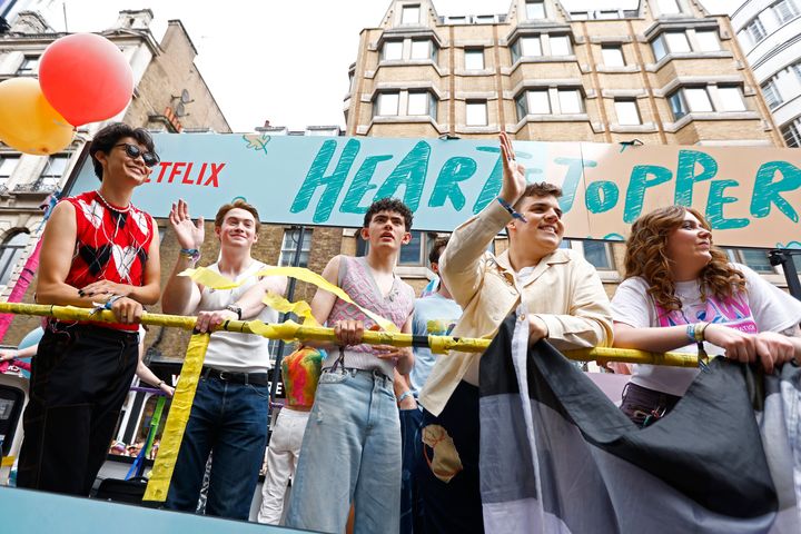 Some of the cast of Heartstopper on the show's float at Saturday's London Pride
