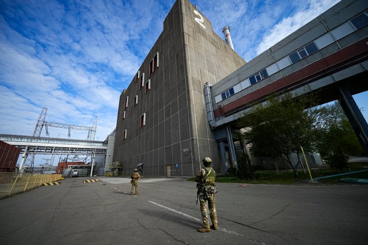 Russian servicemen guard an area of the Zaporizhzhia Nuclear Power Station, the largest nuclear power plant in Europe and among the 10 largest in the world in Enerhodar, Zaporizhzhia region.