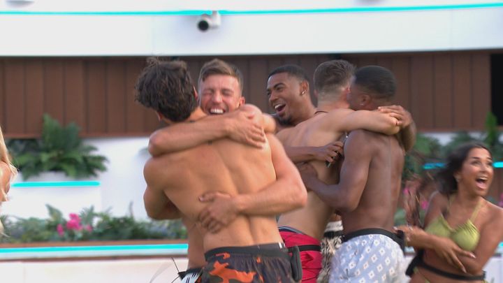 The Love Island boys during the Raunchy Race challenge.
