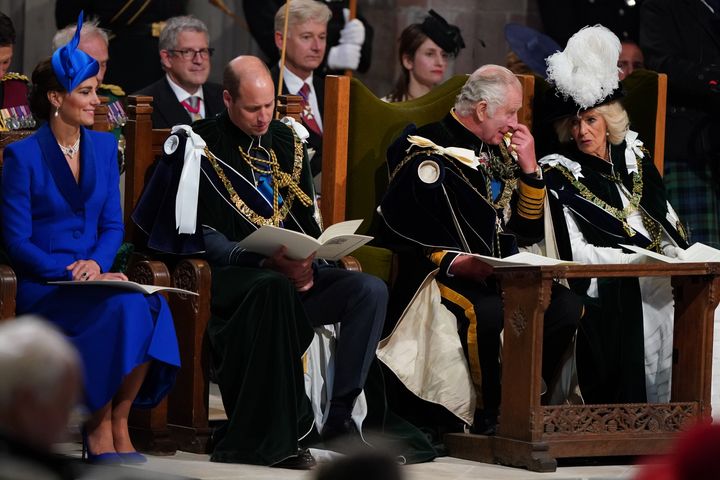 The Prince and Princess of Wales, known as the Duke and Duchess of Rothesay while in Scotland, King Charles III and Queen Camilla during the National Service of Thanksgiving and Dedication for Charles III and Queen Camilla, and the presentation of the Honours of Scotland, at St Giles' Cathedral on July 5. 