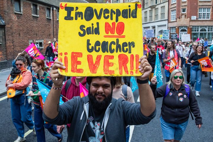 Striking teachers from the National Education Union (NEU) take part in a March on Parliament on 5 July 2023.