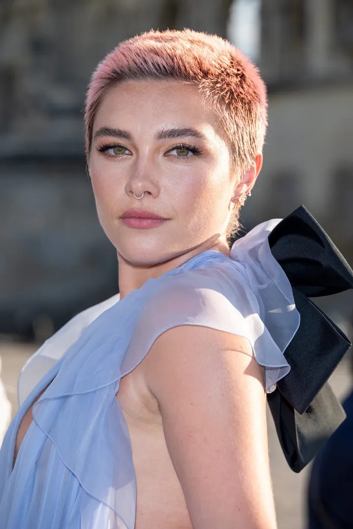 Florence Pugh Pairs Her Pink Pixie Cut With a See-Through Lavender Gown
