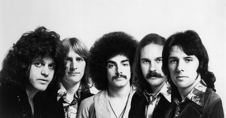 Photo of the original lineup for Journey. From left to right appear Gregg Rolie, Ross Valory, Neal Schon, George Tickner, and Aynsley Dunbar. (Photo by Gems/Redferns)