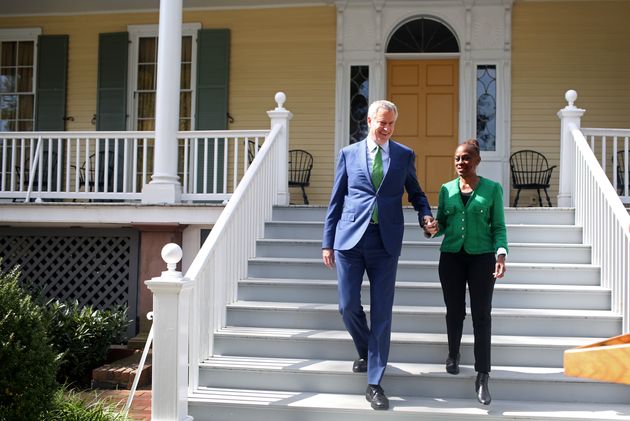 De Blasio and his wife pictured at a press conference in front of Gracie Mansion on Sep. 20, 2019. De Blasio was announcing his decision to drop out of the 2020 U.S. presidential race. In her interview with the Times, McCray said she thought the run was “a distraction