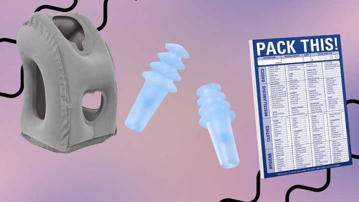 An inflatable travel pillow, a pair of soft ear plugs and a packing list notepad.