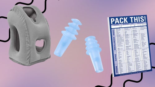 An inflatable travel pillow, a pair of soft ear plugs and a packing list notepad. 
