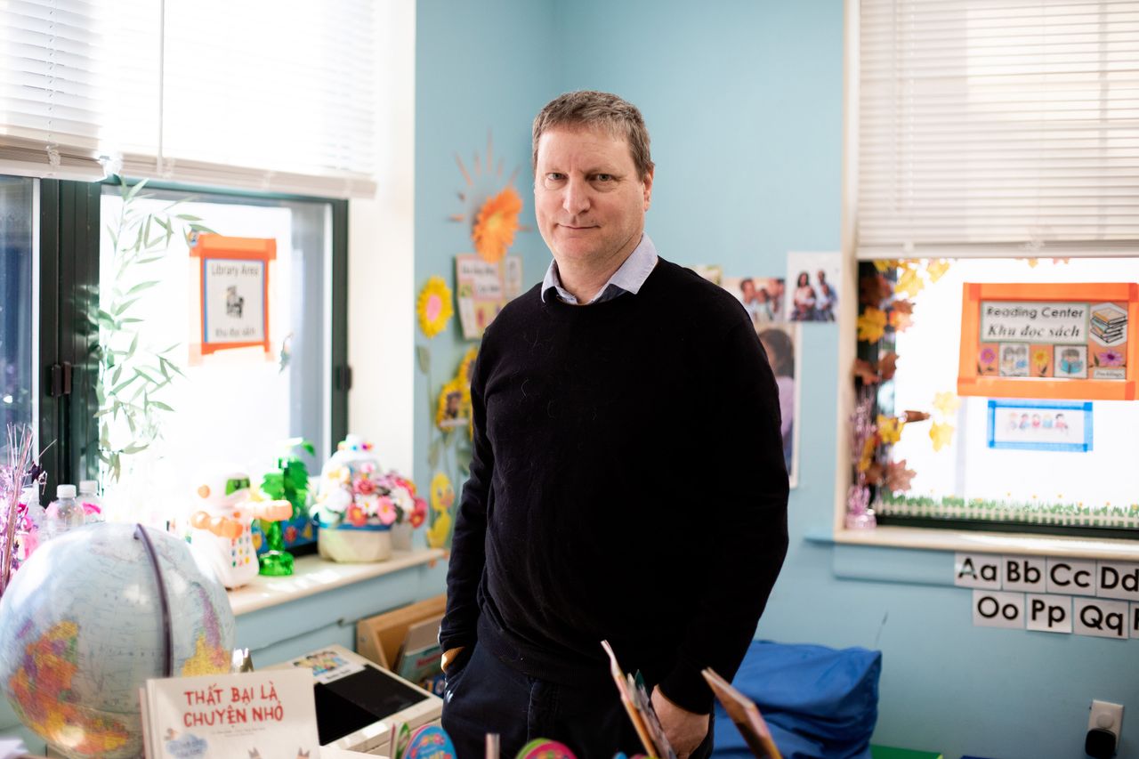 Jason Sachs, executive director for early childhood at Boston Public Schools, poses for a portrait at the Âu Cơ Preschool. He has been with Boston's program since former Mayor Thomas Menino first launched it in 2005.